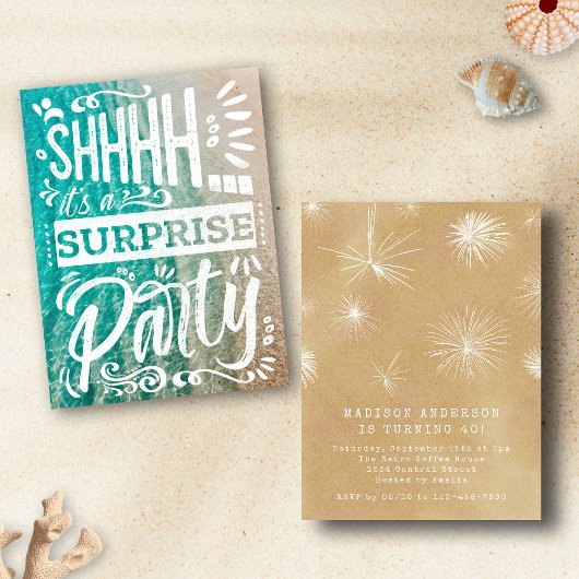 Summer Beach Ocean Shh Surprise Birthday Party 招待状