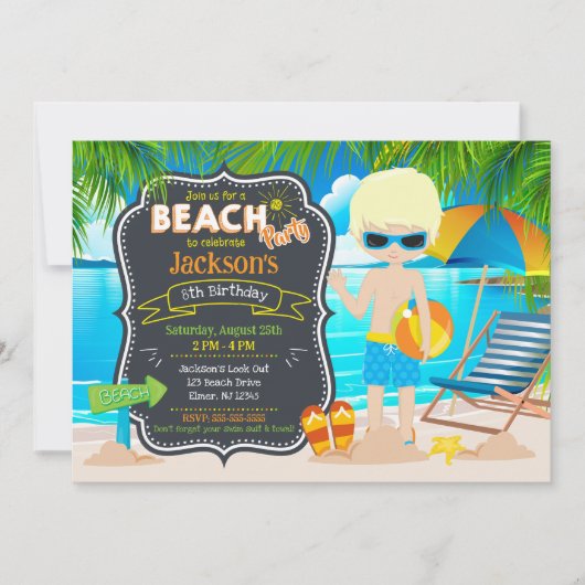 Summer Beach Party Tropical Boy Birthday 招待状 (正面)