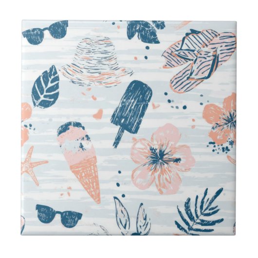 Summer Beach Tropical Blue Coral Striped  タイル (正面)