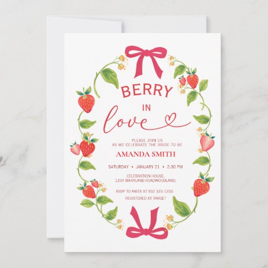 Summer Berry In Love Red Bow Bridal Shower 招待状 (正面)