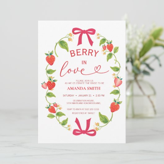 Summer Berry In Love Red Bow Bridal Shower 招待状 (スタンド正面)