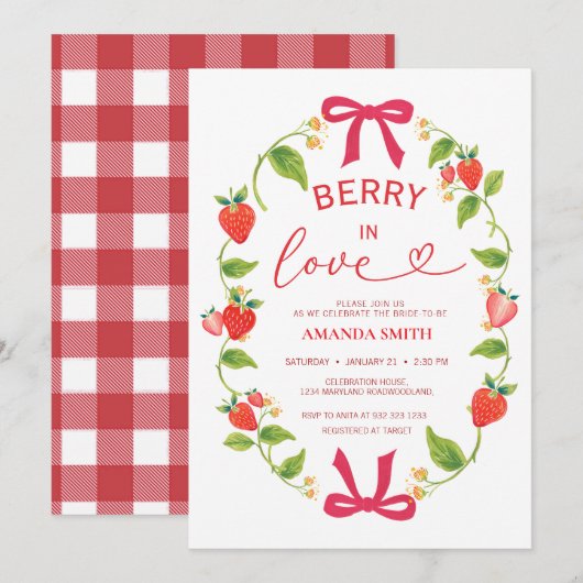 Summer Berry In Love Red Bow Bridal Shower 招待状 (正面/裏面)
