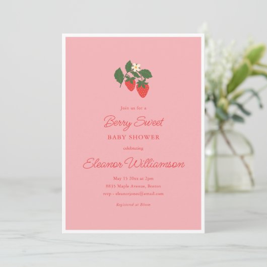Summer Berry Sweet Strawberry Pink Baby Shower 招待状 (スタンド正面)