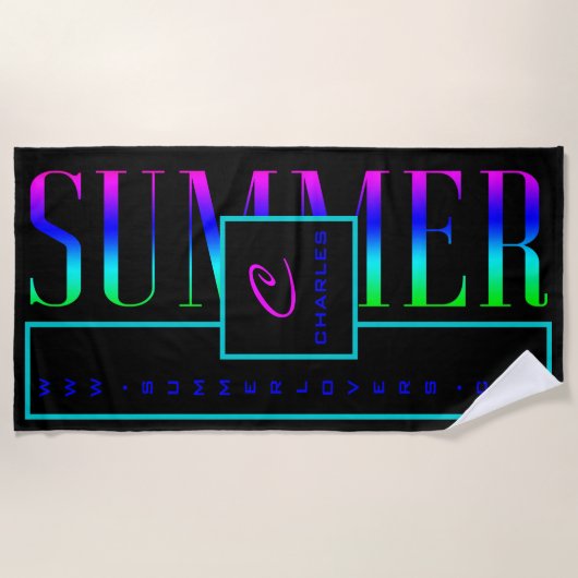 Summer Black Pink Blue Website Name Monogram ビーチタオル (正面)