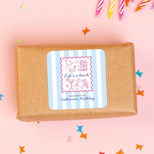 Summer Blue Stripes Life's a Beach Birthday Party  スクエアシール