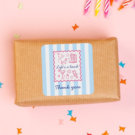 Summer Blue Stripes Life's a Beach Thank You スクエアシール