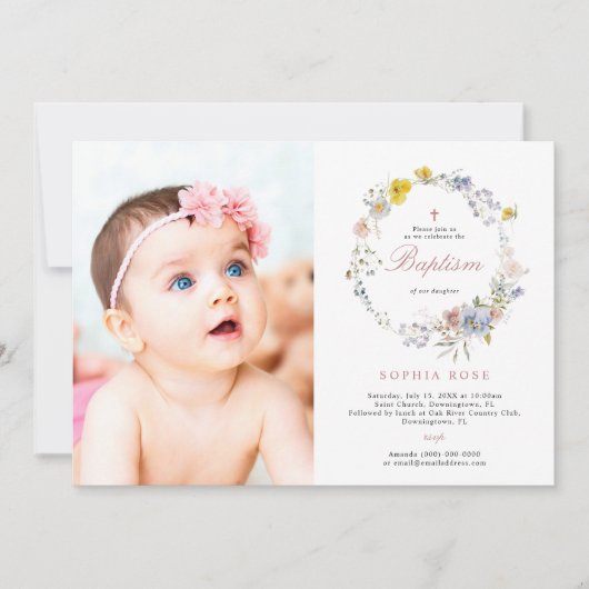 Summer Boho Wildflowers Photo Baptism Invitation 招待状 (正面)