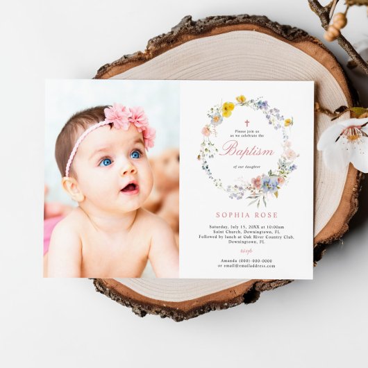 Summer Boho Wildflowers Photo Baptism Invitation 招待状