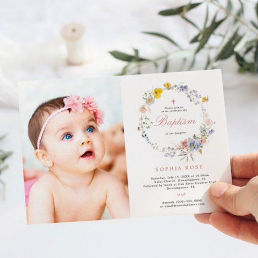 Summer Boho Wildflowers Photo Baptism Invitation 招待状