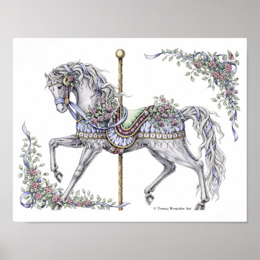 Summer Carousel Horse Pen and Ink Drawing Poster ポスター (正面)