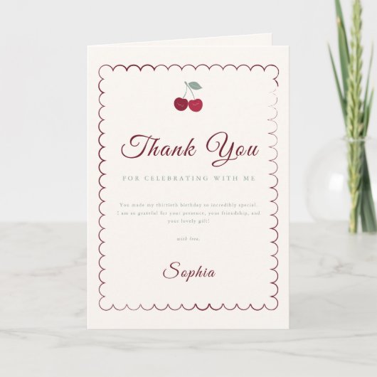 Summer Cherry Scalloped Birthday Thank You カード (正面)