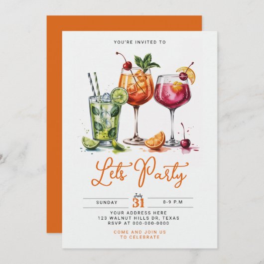 Summer Cocktail Party with Colorful Drinks 招待状 (正面/裏面)