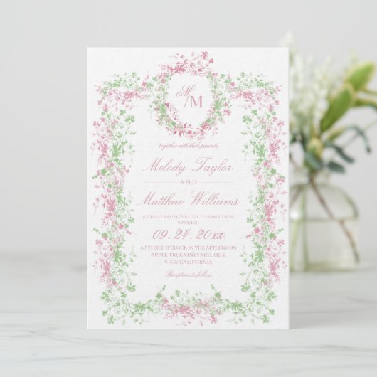 Summer Elegant Floral Monogram Wedding 招待状 (スタンド正面)