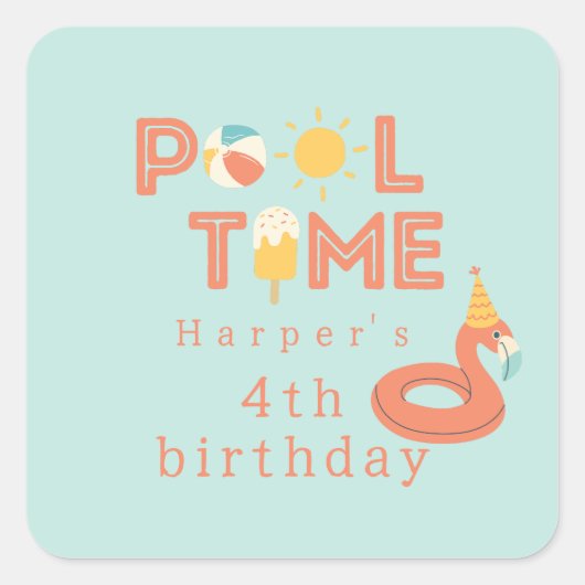 summer flamingo popsicle kids birthday pool party スクエアシール (正面)