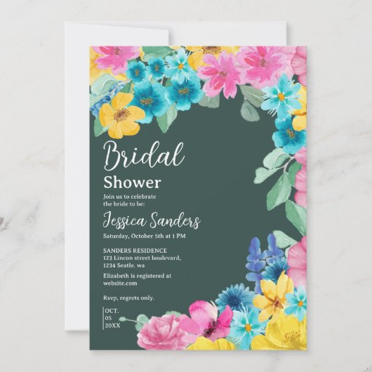 Summer floral Bridal Shower with Photo Green 招待状 (正面)