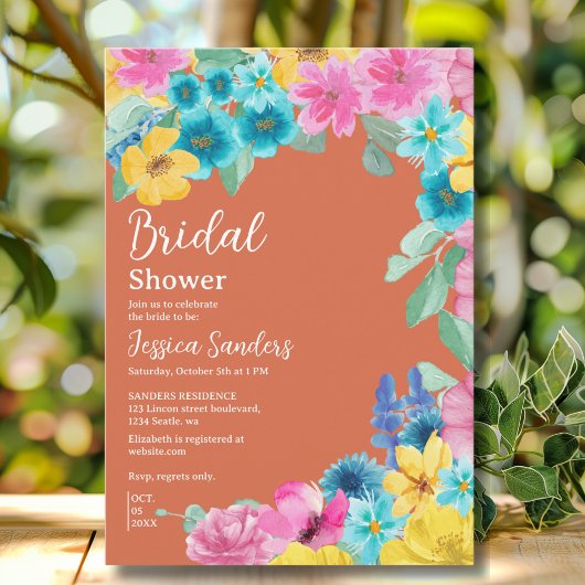Summer floral Bridal Shower with Photo Orange 招待状