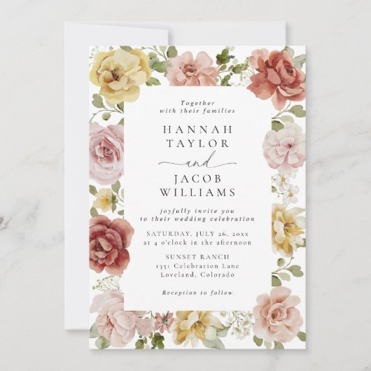 Summer Floral QR Code Wedding 招待状 (正面)