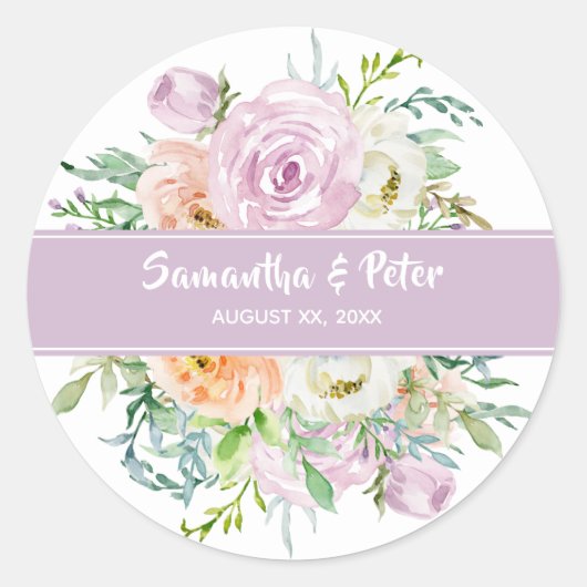 Summer Flowers Floral Round Wedding Sticker ラウンドシール (正面)