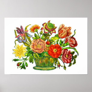 Summer Flowers in a Basket, Vintage Art ポスター