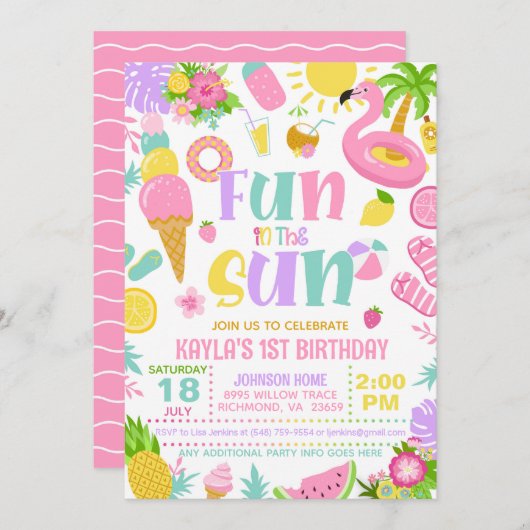 Summer Fun in the Sun Birthday Party Invitation 招待状 (正面/裏面)
