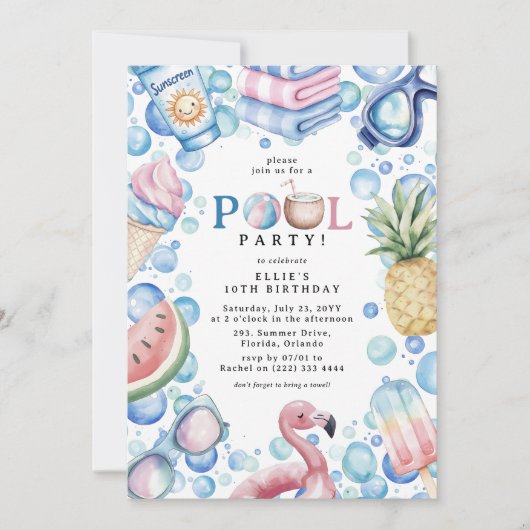 Summer Fun Pool Party Birthday 招待状 (正面)