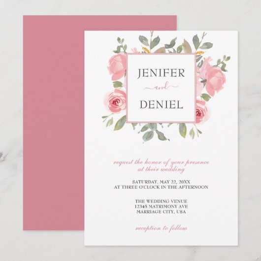 Summer Garden Watercolor Floral Wedding 招待状 (正面/裏面)