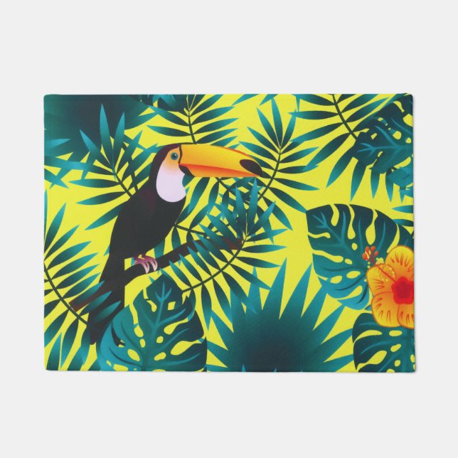 Summer Greenery Tropical Toucan Jungle Foliage  ドアマット (正面)