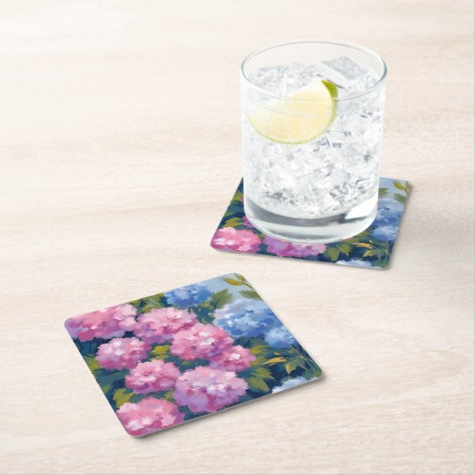 Summer Hydrangeas | Pink & Blue Coastal Flowers スクエアペーパーコースター (インサイチュ)