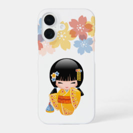 Summer Kokeshi Doll - Yellow Kimono Geisha Girl iPhone 16ケース