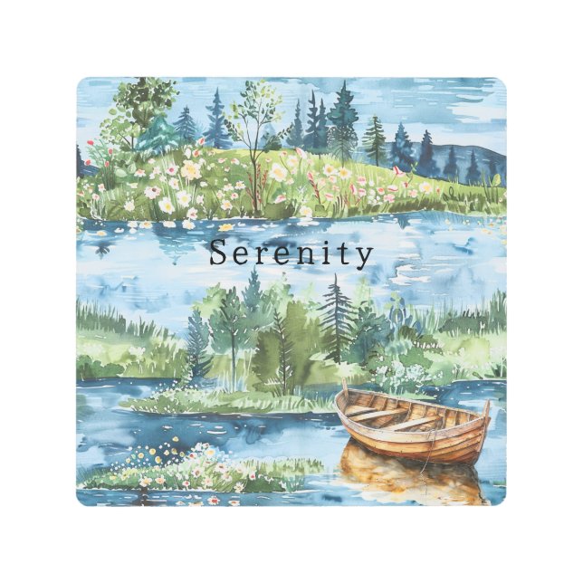 Summer Lake Boat Flowers Serenity メタルプリント (正面)