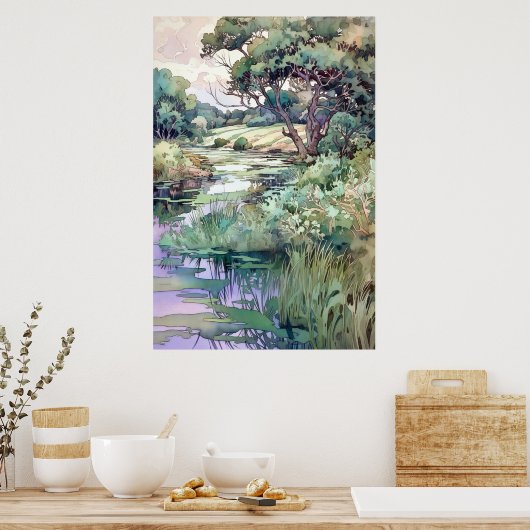 Summer Landscape Watercolor  ポスター (キッチン)