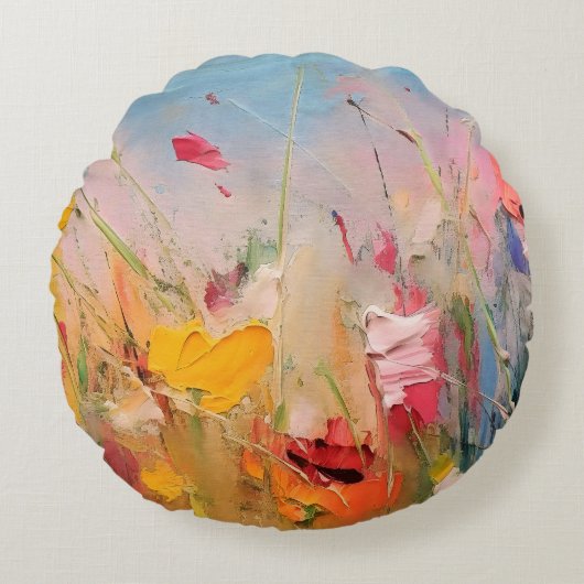 Summer Meadow – Expressive Abstract Wildflowers ラウンドクッション (正面)