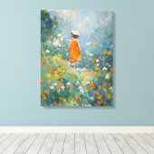 Summer Meadow – Impressionist Girl in Orange Dress キャンバスプリント (インサイチュ (ウッドフロア))