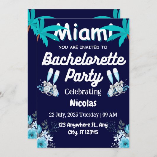 Summer Miami Weekend Beach Bachelorette Party  招待状 (正面/裏面)