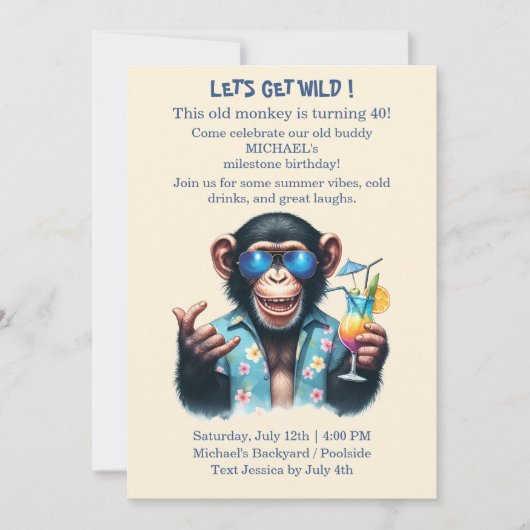 Summer Monkey Let's Get Wild 40th Birthday  招待状 (正面)