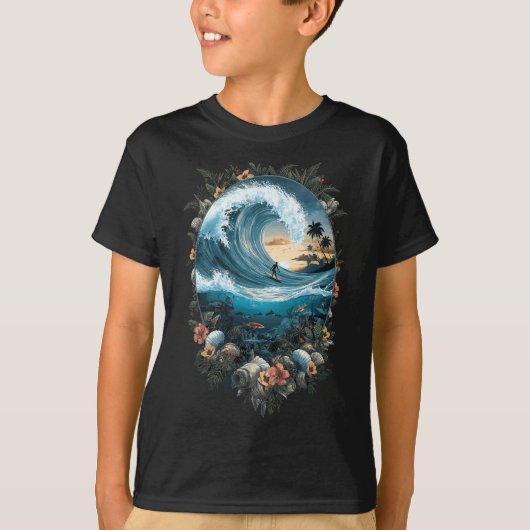 Summer Ocean Wave Surfing Tropical Beach Reef  Tシャツ (正面)