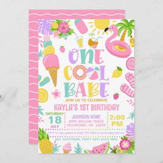 Summer One Cool Babe Birthday Party Invitation 招待状 (正面/裏面)