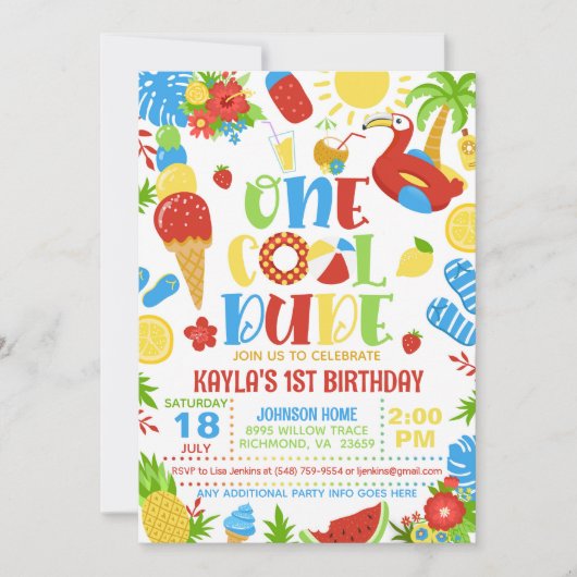 Summer One Cool Dude 1st Birthday Invitation 招待状 (正面)