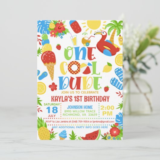 Summer One Cool Dude 1st Birthday Invitation 招待状 (スタンド正面)