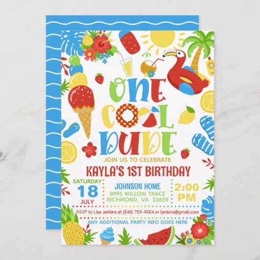 Summer One Cool Dude 1st Birthday Invitation 招待状 (正面/裏面)