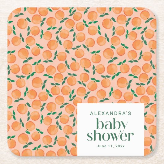 Summer Oranges Fruit Pink Baby Shower Custom スクエアペーパーコースター (正面)