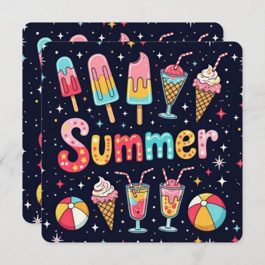 Summer Party Fun Graphics On Black 招待状 (正面/裏面)