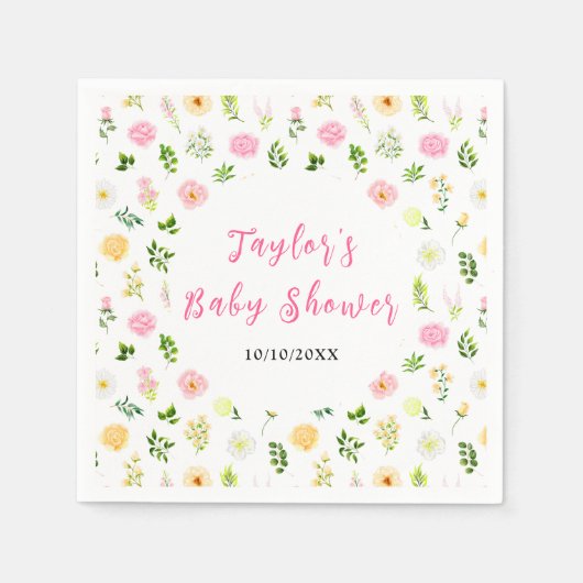 Summer Pink and Yellow Floral Baby Shower スタンダードカクテルナプキン (正面)