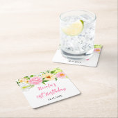 Summer Pink and Yellow Floral Birthday スクエアペーパーコースター (インサイチュ)