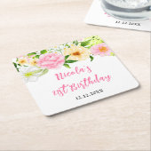 Summer Pink and Yellow Floral Birthday スクエアペーパーコースター (アングル)