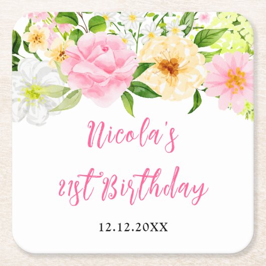 Summer Pink and Yellow Floral Birthday スクエアペーパーコースター (正面)