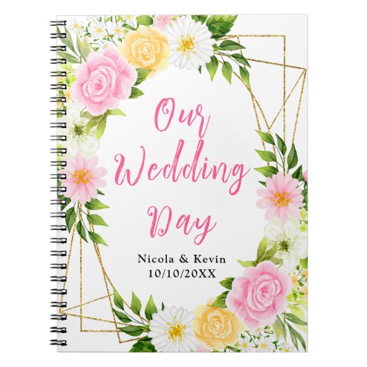 Summer Pink and Yellow Floral Wedding Planner ノートブック (正面)