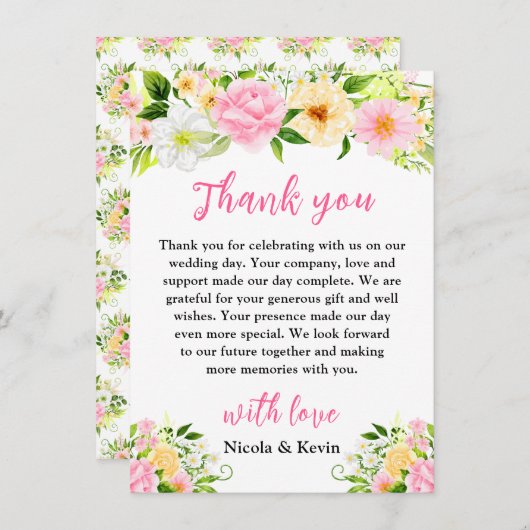 Summer Pink and Yellow Flowers and Foliage サンキューカード (正面/裏面)