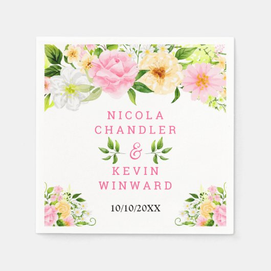 Summer Pink and Yellow Flowers and Foliage スタンダードカクテルナプキン (正面)