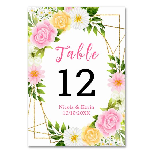Summer Pink and Yellow Flowers and Foliage テーブルナンバー (正面)